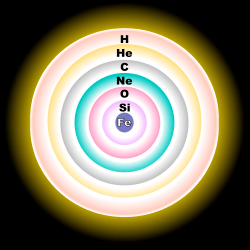 A concentric-sphere diagram, showing, from the core to the outer shell, iron, silicon, oxygen, neon, carbon, helium and hydrogen layers.