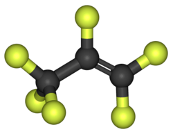Ball-and-stick model of the hexafluoropropylene molecule