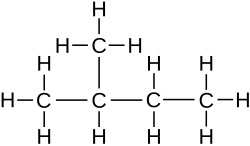 Skeletal formula of isopentane with all implicit carbons shown, and all explicit hydrogens added