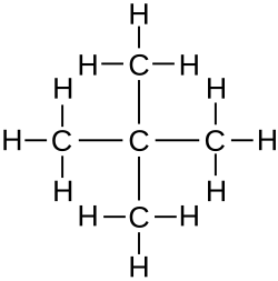 Skeletal formula of neopentane with all implicit carbons shown, and all explicit hydrogens added