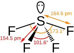 Structural formula of sulfur tetrafluoride, showing dimernsions