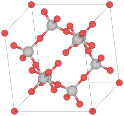 Unit cell of β-cristobalite; red spheres are oxygen atoms.