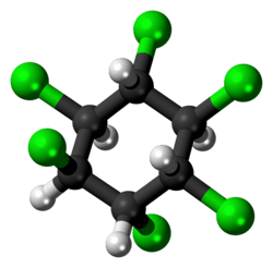 Ball-and-stick model of the alpha-(-)-hexachlorocyclohexane molecule