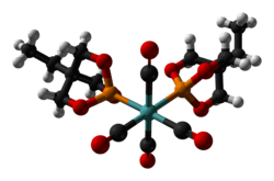 Ball-and-stick model of the bis(trimethylolpropane phosphite)molybdenum tetracarbonyl complex