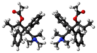 Ball-and-stick models of (R,R)-alphacetylmethadol (left), and (S,S)-alphacetylmethadol (right)