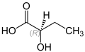 Molecular diagram of 2-hydroxybutyric acid, with the central alcohol carbon labeled "(R)"