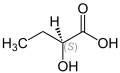 Molecular diagram of 2-hydroxybutyric acid, with the central alcohol carbon labeled "(S)"