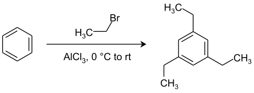 Reaction scheme of the synthesis of 1,3,5-Triethylbenzene.