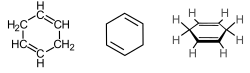Skeletal formula with all implicit hydrogen shown, skeletal formula; stereo, skeletal formula with all explicit hydrogens added, all of 1,4-cyclohexadiene