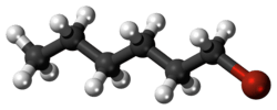 Ball and stick model of 1-bromohexane