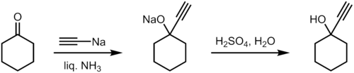 Synthesis of 1-ethynylcyclohexanol from cyclohexanone.