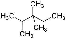 Skeletal formula of 2,3,3-trimethylpentane with some implicit hydrogens shown