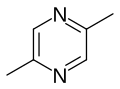 2,5-Dimethylpyrazine (asparagus, tea, crispbread, malt, shrimp, soy, squid, Swiss cheese, bread, roasted sesame)