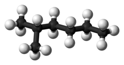 Ball and stick model of 2-methylhexane