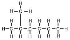 Skeletal formula of 2-methylhexane with all implicit carbons shown, and all explicit hydrogens added