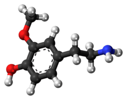 Ball-and-stick model of the 3-methoxytyramine molecule