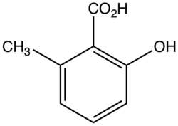 Chemical structure of 6-methylSalicylilc acid.