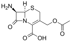 Partially condensed, stereo, skeletal formula of 7-aminocephalosporanic acid