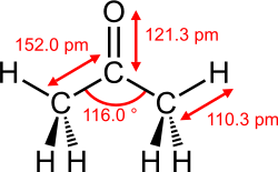 Full structural formula of acetone with dimensions