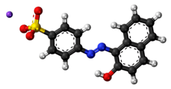 Ball-and-stick model of the component ions of acid orange 7