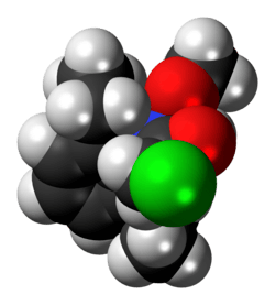 Space-filling model of the alachlor molecule