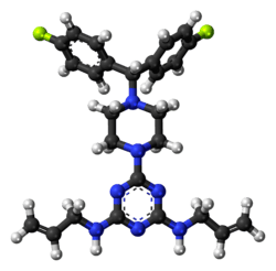 Ball-and-stick model of the almitrine molecule