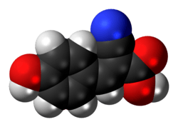 Space-filling model of the α-cyano-4-hydroxycinnamic acid molecule