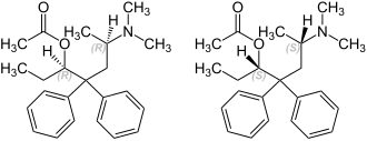 Skeletal formulas of (R,R)-alphacetylmethadol (left), and (S,S)-alphacetylmethadol (right)