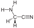 Stereo, skeletal formula of aminoacetonitrile with all implicit carbons shown, and all explicit hydrogens added