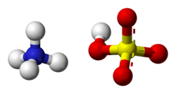 Ball-and-stick model of an ammonium cation (left) and a bisulfite anion (right)
