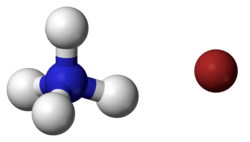 ball-and-stick model of an ammonium cation (left) and a bromide anion (right)