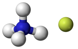 ball-and-stick model of an ammonium cation (left) and a fluoride anion (right)
