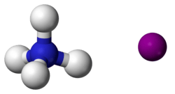 ball-and-stick model of an ammonium cation (left) and an iodide anion (right)