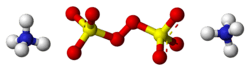 Ball-and-stick models of two ammonium cations and one peroxydisulfate anion