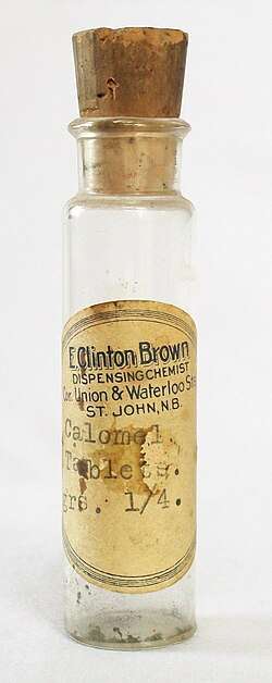 Photo of an empty medicine bottle labelled "Calomel tablets"