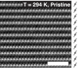Atomic resolution image of 1T-TaS2 (298 K). Acquired using HAADF STEM. Scale bar 2&nbsp;nm.[10]