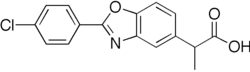 Two-dimensional monochrome diagram showing the structure of the molecule of benoxaprofen, using the hexagonal style to depict a chemical compound.