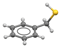 Ball-and-stick model of the benzyl mercaptan molecule