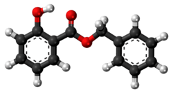 Ball-and-stick model of the benzyl salicylate molecule