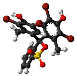 Ball-and-stick model of the bromocresol green molecule in cyclic form