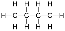 Skeletal formula of butane with all carbon and hydrogen atoms shown