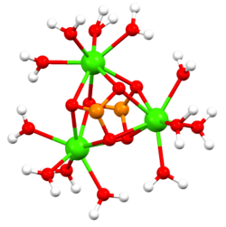 Structure of the [Ca3(SO3)2(H2O)12]2+ cage in calcium sulfite tetrahydrate.