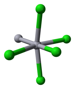 Ball-and-stick model of the distorted octahedral coordination of mercury in calomel