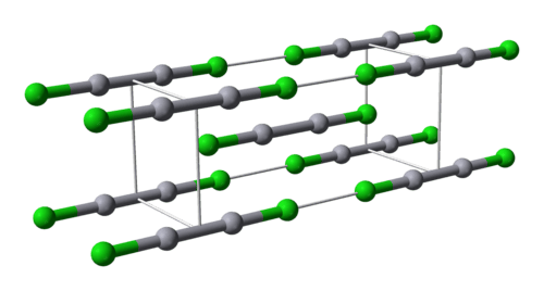 Ball-and-stick model of calomel's unit cell
