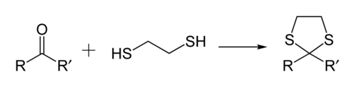 Protecting a carbonyl group by converting it to a 1,3-dithiolane, using 1,2-ethanedithiol