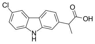 Two-dimensional monochrome diagram showing the structure of the molecule of Carprofen, uing the hexagonal style to depict a chemical compound.