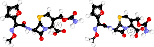 Ball-and-stick models of cefuroxime based on X-ray crystallography data.