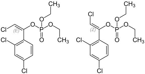 Skeletal formulas of (E)-chlorfenvinphos (left) and (Z)-chlorfenvinphos (right)