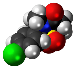 Space-filling model of the chlormezanone molecule