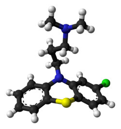 Ball-and-stick model of the chlorpromazine molecule